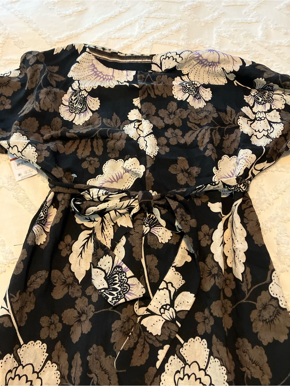 Black Floral Midi Dress with Cream Flowers and Purple Trim - Picture 3 of 4